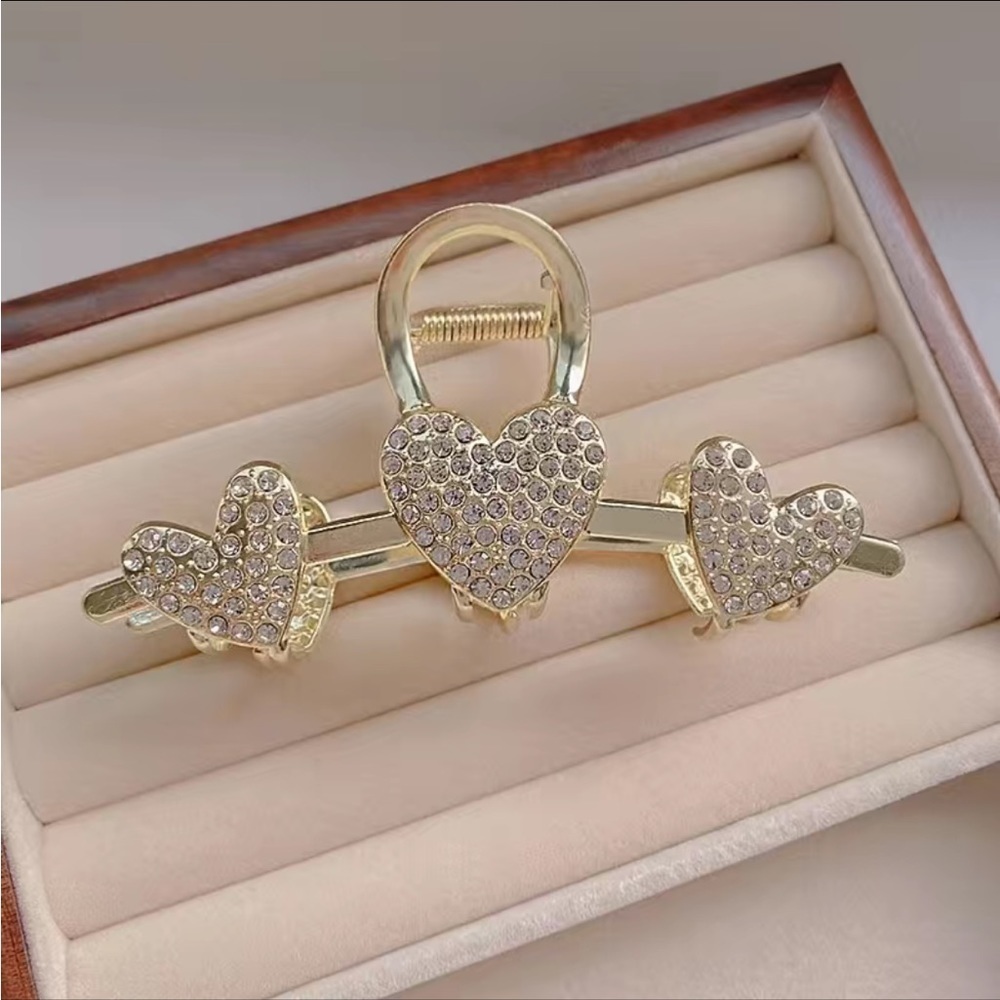 Gold Heart Rhinestone Hair Clips - Picture 6 of 8